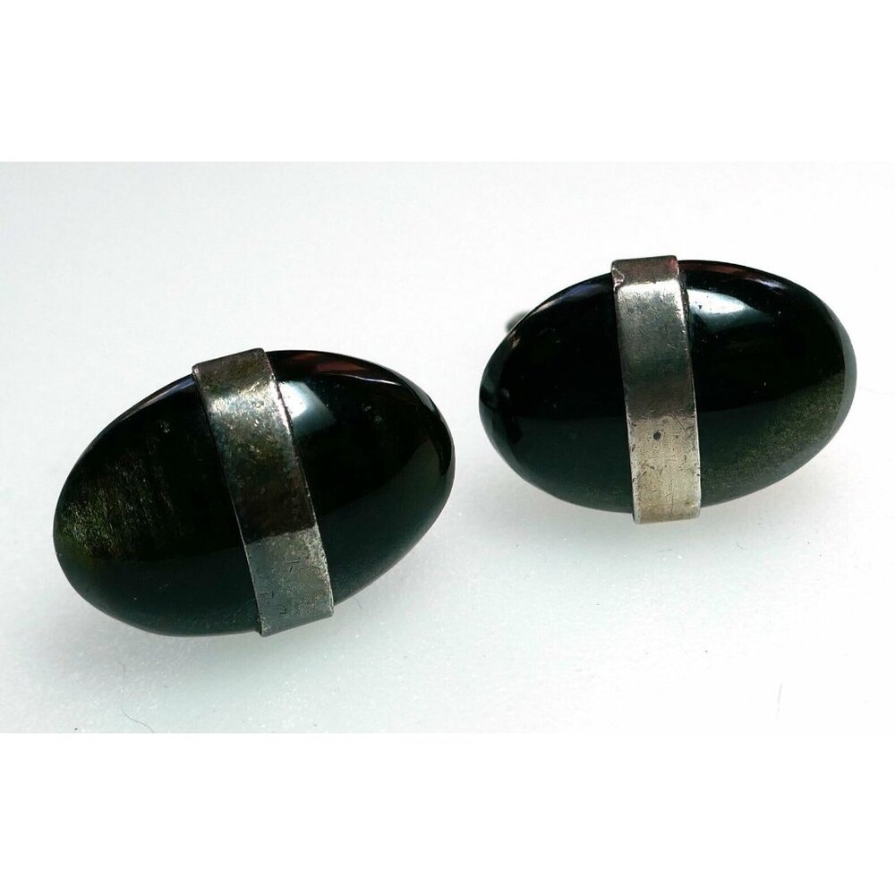 Older Vintage Mexican Sterling Silver & Stone Cufflinks Signed DF JGC Oval